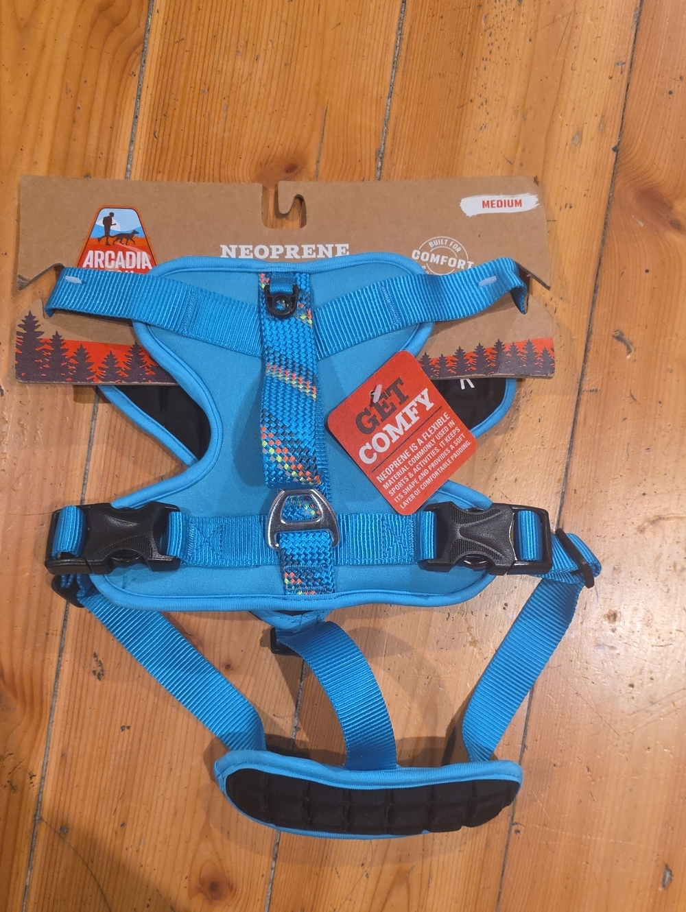 Arcadia Blue Neoprene Dog Harness with Multicolor Accent Strap